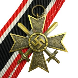 German WWII War Merit Cross (Kriegsverdienstkreuz) with swords, featuring a bronze cross design and swastika emblem in the center, displayed against a red, white, and black ribbon.