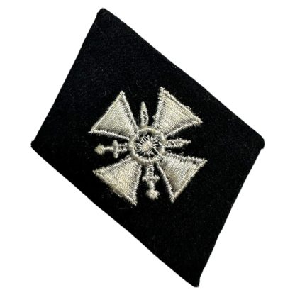 Black Waffen-SS collar tab featuring a white embroidered emblem resembling a stylized cross with radiating arms, associated with the 29th Waffen-Grenadier-Division of the SS (Russian No. 1), a World War II unit composed of Russian volunteers.