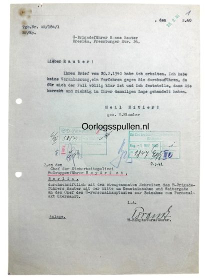 Original WWII German SS Document signed by Reinhard Heydrich and addressed to Hanns Albin Rauter