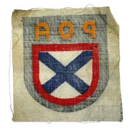 WWII German POA (Russian Liberation Army) volunteer shield patch, featuring a dark green background, 'POA' in yellow letters, and a red-bordered shield with a blue diagonal cross on a white field.