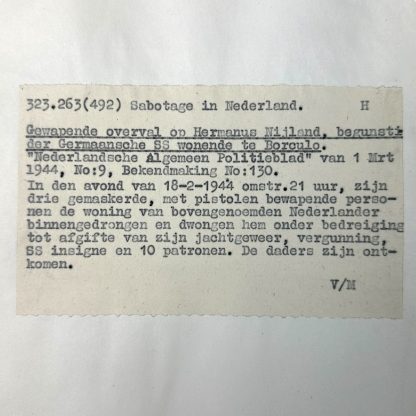 Original WWII Dutch NSB document regarding a resistance action in Borculo 1944