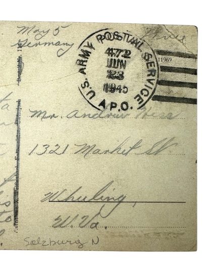 Handwritten postcard from May 1945 sent by a member of the 502nd Parachute Infantry Regiment, featuring a U.S. Army Postal Service postmark dated June 23, 1945, and addressed to a recipient in Wheeling, West Virginia, with references to personal updates and the location Salzburg, Austria.