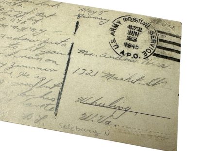 Handwritten postcard from May 1945 sent by a member of the 502nd Parachute Infantry Regiment, featuring a U.S. Army Postal Service postmark dated June 23, 1945, and addressed to a recipient in Wheeling, West Virginia, with references to personal updates and the location Salzburg, Austria.