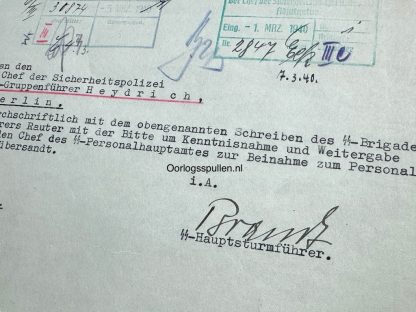 Original WWII German SS Document signed by Reinhard Heydrich and addressed to Hanns Albin Rauter