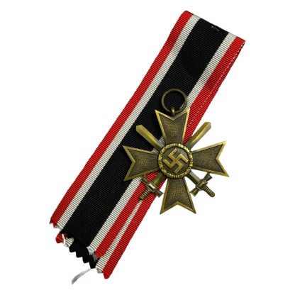 German WWII War Merit Cross (Kriegsverdienstkreuz) with swords, featuring a bronze cross design and swastika emblem in the center, displayed against a red, white, and black ribbon.