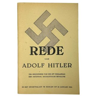 Cover of a Dutch WWII-era NSB (Nationaal-Socialistische Beweging) propaganda brochure titled 'Rede van Adolf Hitler,' featuring a large swastika symbol and text about Hitler's speech on the 8th anniversary of the National Socialist Revolution, dated January 30, 1941, at the Sportpalast in Berlin.