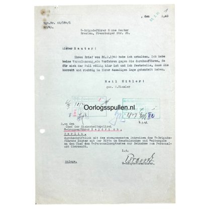 Original WWII German SS Document signed by Reinhard Heydrich and addressed to Hanns Albin Rauter