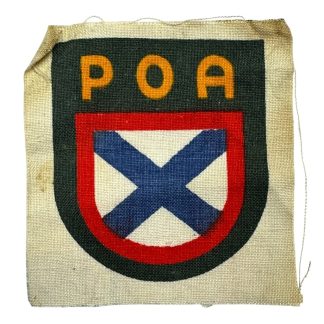 WWII German POA (Russian Liberation Army) volunteer shield patch, featuring a dark green background, 'POA' in yellow letters, and a red-bordered shield with a blue diagonal cross on a white field.