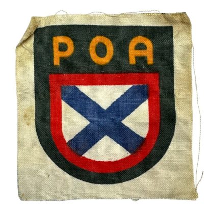 WWII German POA (Russian Liberation Army) volunteer shield patch, featuring a dark green background, 'POA' in yellow letters, and a red-bordered shield with a blue diagonal cross on a white field.