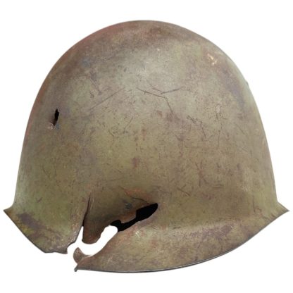 A heavily battle-damaged WWII Soviet SSh-39 steel helmet with a faded greenish-brown patina. The helmet has multiple puncture holes and significant deformation, particularly along the lower edge, suggesting impact damage from shrapnel or bullets. The surface shows scratches, rust, and signs of wear, indicative of battlefield use.