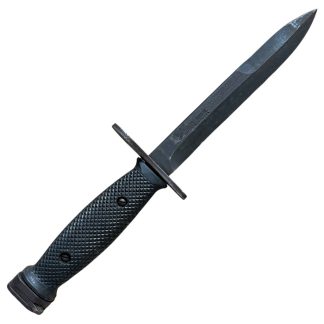 This is an image of a bayonet, specifically the M7 bayonet. It was originally designed to be mounted on the M16 rifle and is a product of the U.S. military's development. The M7 features a sharp blade with a fuller and is designed for utility and combat purposes. Its handle typically has a textured grip, and the design includes a guard and attachment mechanism for the rifle.