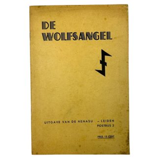 WWII-era Dutch NSB propaganda brochure titled 'De Wolfsangel' (The Wolfsangel) with a yellowed cover. The title is written in bold, stylized black font alongside a Wolfsangel symbol, commonly associated with Nazi symbolism. The text at the bottom reads 'Uitgave van de Nenasu – Leiden, Postbus 2' (Published by the Nenasu – Leiden, P.O. Box 2) with a price of 15 cents. The design reflects the ideological messaging of the National Socialist Movement in the Netherlands during the Nazi occupation.