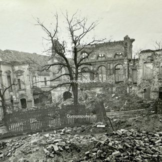 Black-and-white photograph of war-torn Berlin in 1945, showing heavily bombed and destroyed buildings with shattered windows, collapsed roofs, and rubble-strewn streets. A leafless tree stands amid the devastation, emphasizing the desolation left by the Battle of Berlin.