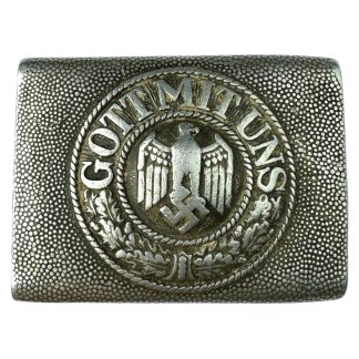 Original WWII German WH Heer EM/NCO belt buckle – aluminum construction featuring Wehrmacht eagle with swastika and 'Gott Mit Uns' inscription.