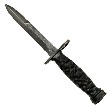 US M7 Colt bayonet from the Vietnam War, manufactured by Colt, featuring a black metal blade and a black plastic handle. Commonly used with the M16 rifle. Authentic military artifact with historical significance.