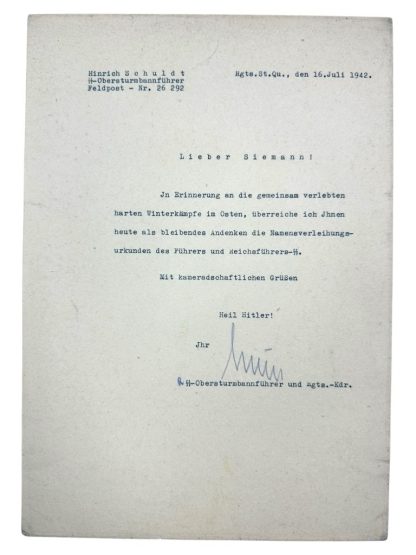 Authentic WWII-era autograph of SS-Brigadeführer Hinrich Schuldt on an official Nazi document. Signed by Schuldt as an SS-Obersturmbannführer and battalion commander, featuring the ‘Heil Hitler’ salutation and typed SS designation. Rare Third Reich military signature, Waffen-SS historical artifact, and German World War II memorabilia.