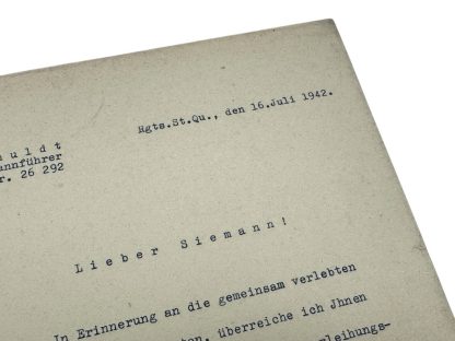 Authentic WWII-era autograph of SS-Brigadeführer Hinrich Schuldt on an official Nazi document. Signed by Schuldt as an SS-Obersturmbannführer and battalion commander, featuring the ‘Heil Hitler’ salutation and typed SS designation. Rare Third Reich military signature, Waffen-SS historical artifact, and German World War II memorabilia.