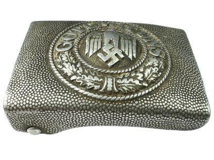 Original WWII German WH Heer EM/NCO belt buckle – aluminum construction featuring Wehrmacht eagle with swastika and 'Gott Mit Uns' inscription.