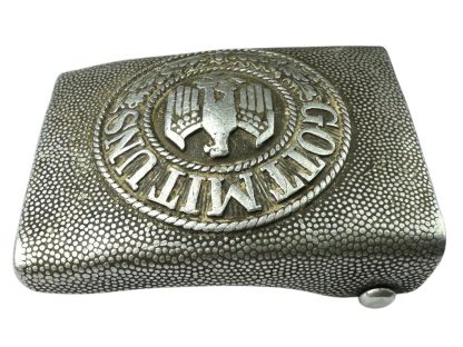 Original WWII German WH Heer EM/NCO belt buckle – aluminum construction featuring Wehrmacht eagle with swastika and 'Gott Mit Uns' inscription.