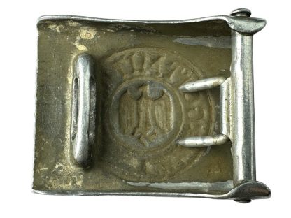 Original WWII German WH Heer EM/NCO belt buckle – aluminum construction featuring Wehrmacht eagle with swastika and 'Gott Mit Uns' inscription.