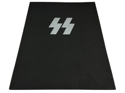 Rare WWII black SS document folder featuring the silver Schutzstaffel (SS) insignia. Original Nazi-era military file cover used for Waffen-SS and Third Reich official records. German World War II memorabilia, historical artifact, and SS officer paperwork storage.