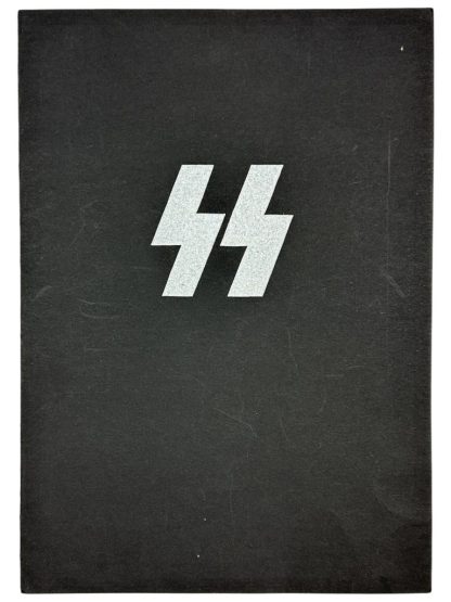 Rare WWII black SS document folder featuring the silver Schutzstaffel (SS) insignia. Original Nazi-era military file cover used for Waffen-SS and Third Reich official records. German World War II memorabilia, historical artifact, and SS officer paperwork storage.