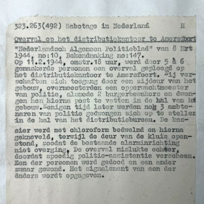 Original WWII Dutch NSB document regarding a resistance action in Amersfoort 1944