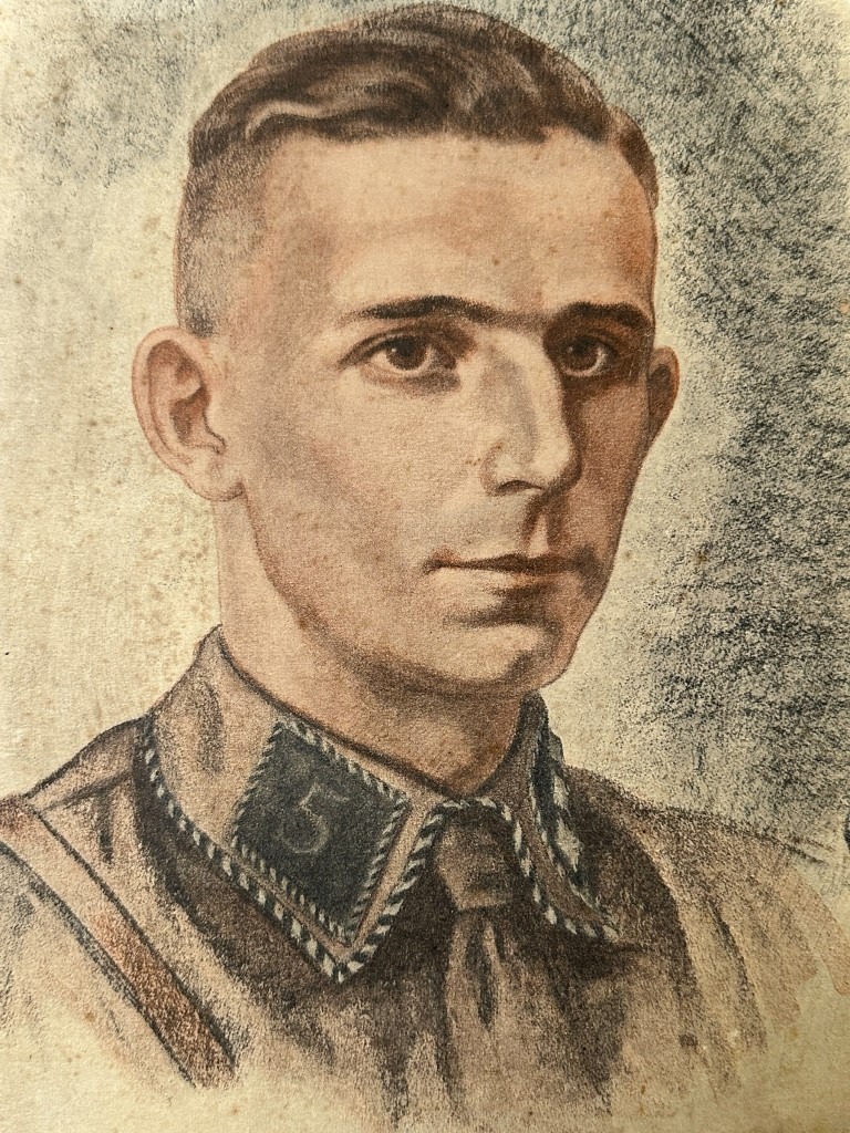 Propaganda portrait of Horst Wessel, depicted in brown SA uniform with unit collar insignia and tie, from a Nazi-era German publication.