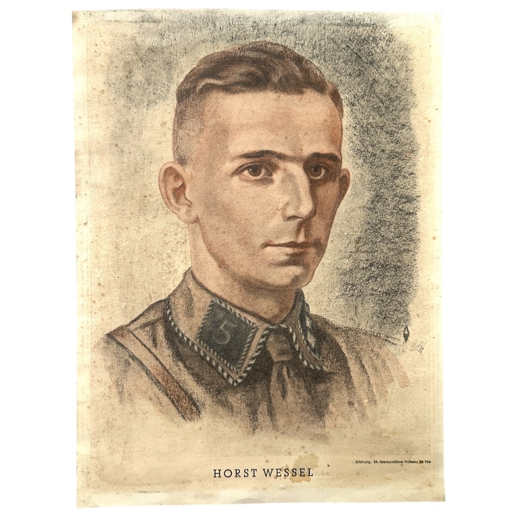 Propaganda portrait of Horst Wessel, depicted in brown SA uniform with unit collar insignia and tie, from a Nazi-era German publication.