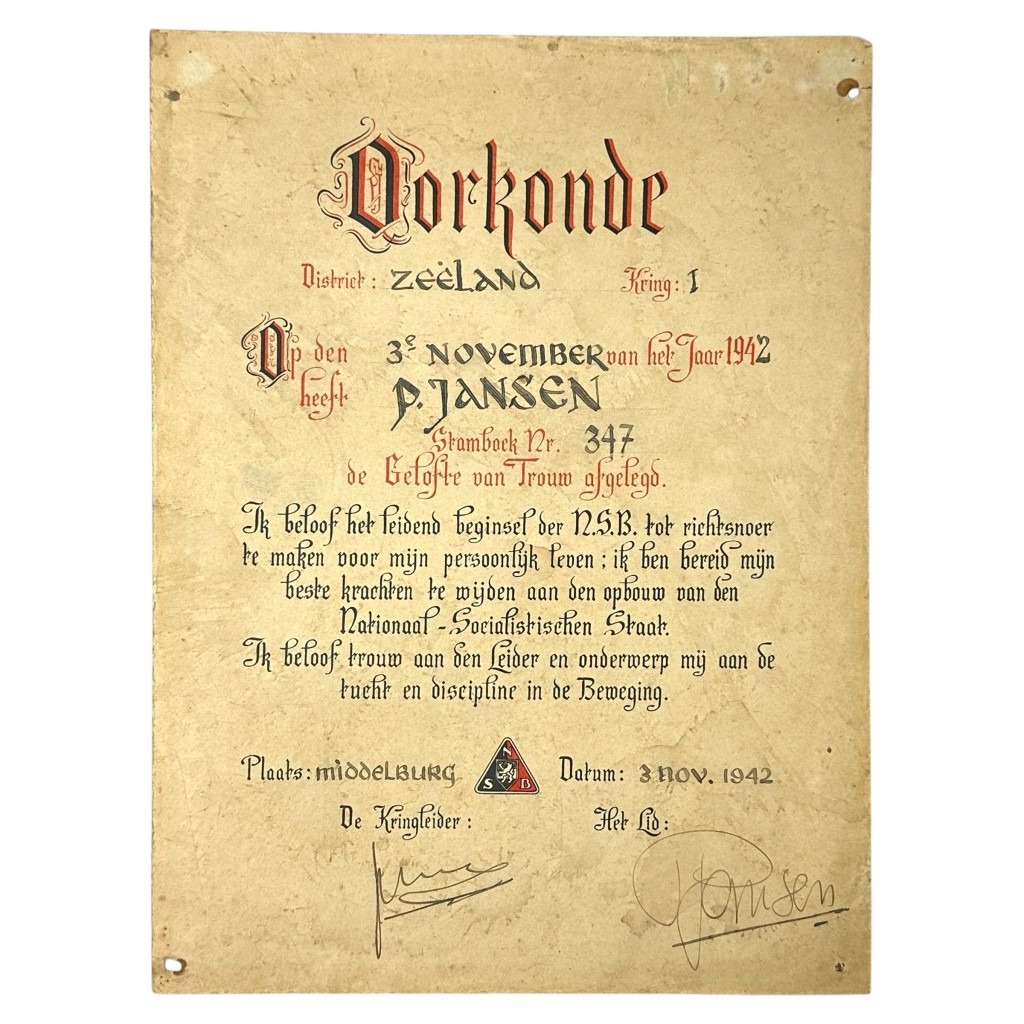 Original WWII Dutch NSB ‘Pledge of Allegiance’ certificate Middelburg