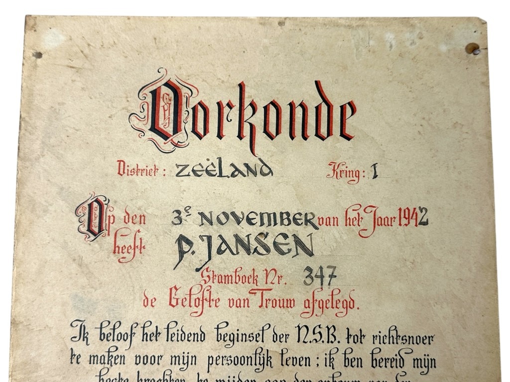 Original WWII Dutch NSB ‘Pledge of Allegiance’ certificate Middelburg - Image 2