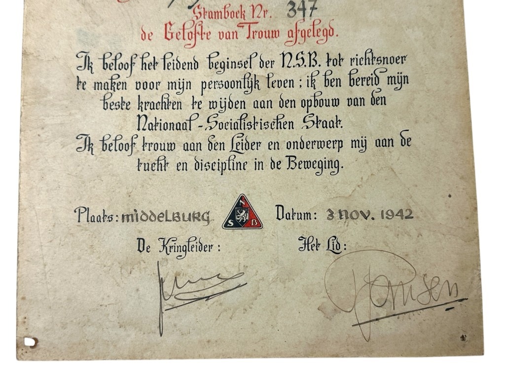 Original WWII Dutch NSB ‘Pledge of Allegiance’ certificate Middelburg - Image 3