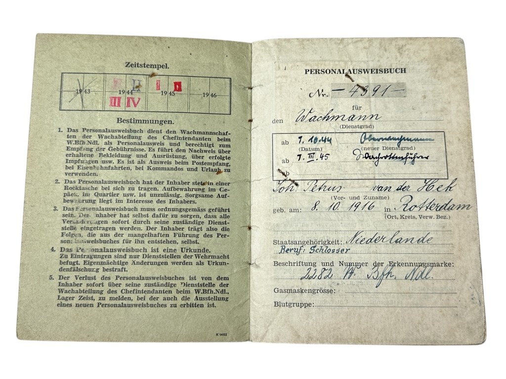 Original WWII German Personalausweisbuch Wachabteilung Niederlande - Zeist & Rotterdam - Image 3