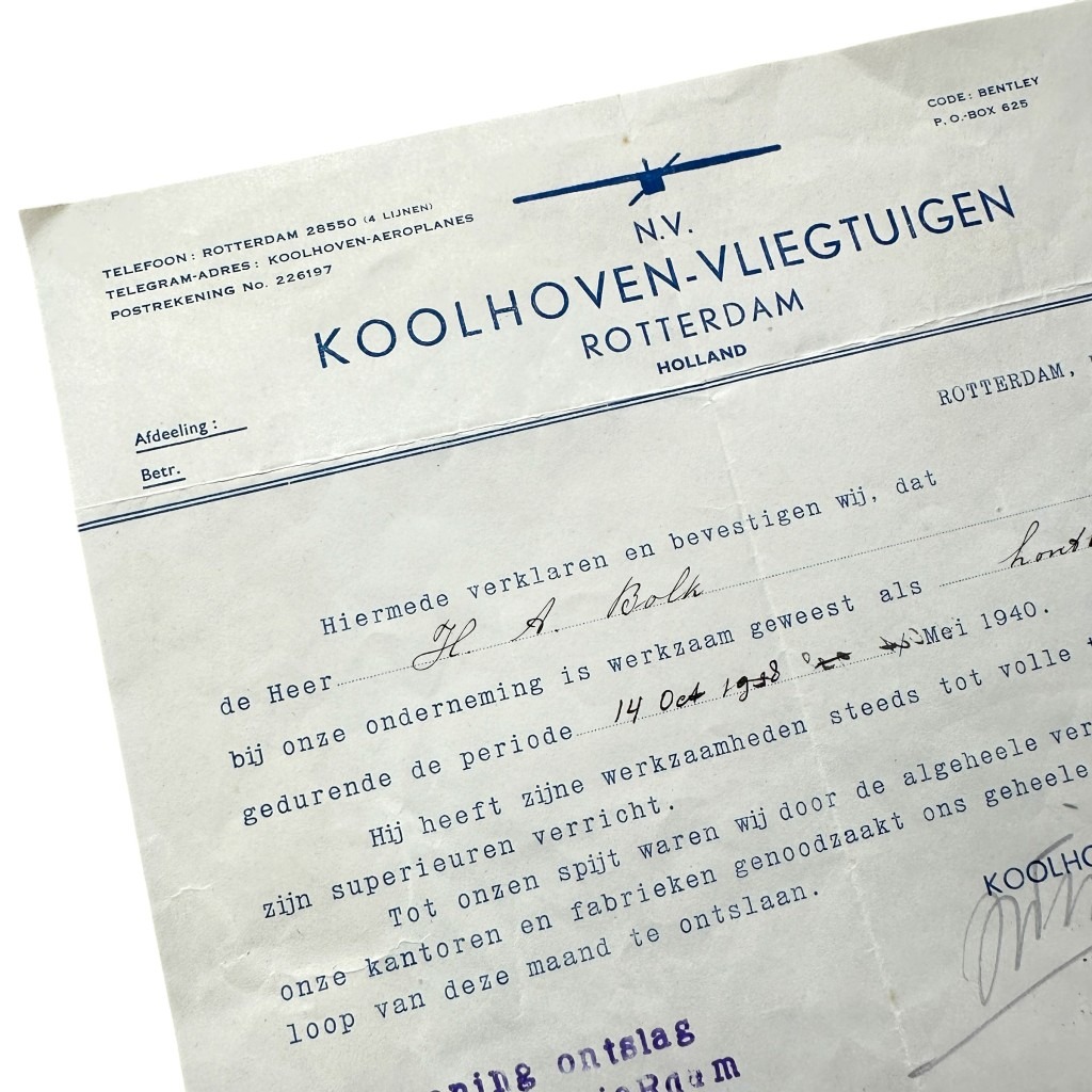 Original May 1940 Dutch document Koolhoven-Vliegtuigen Rotterdam - Image 2