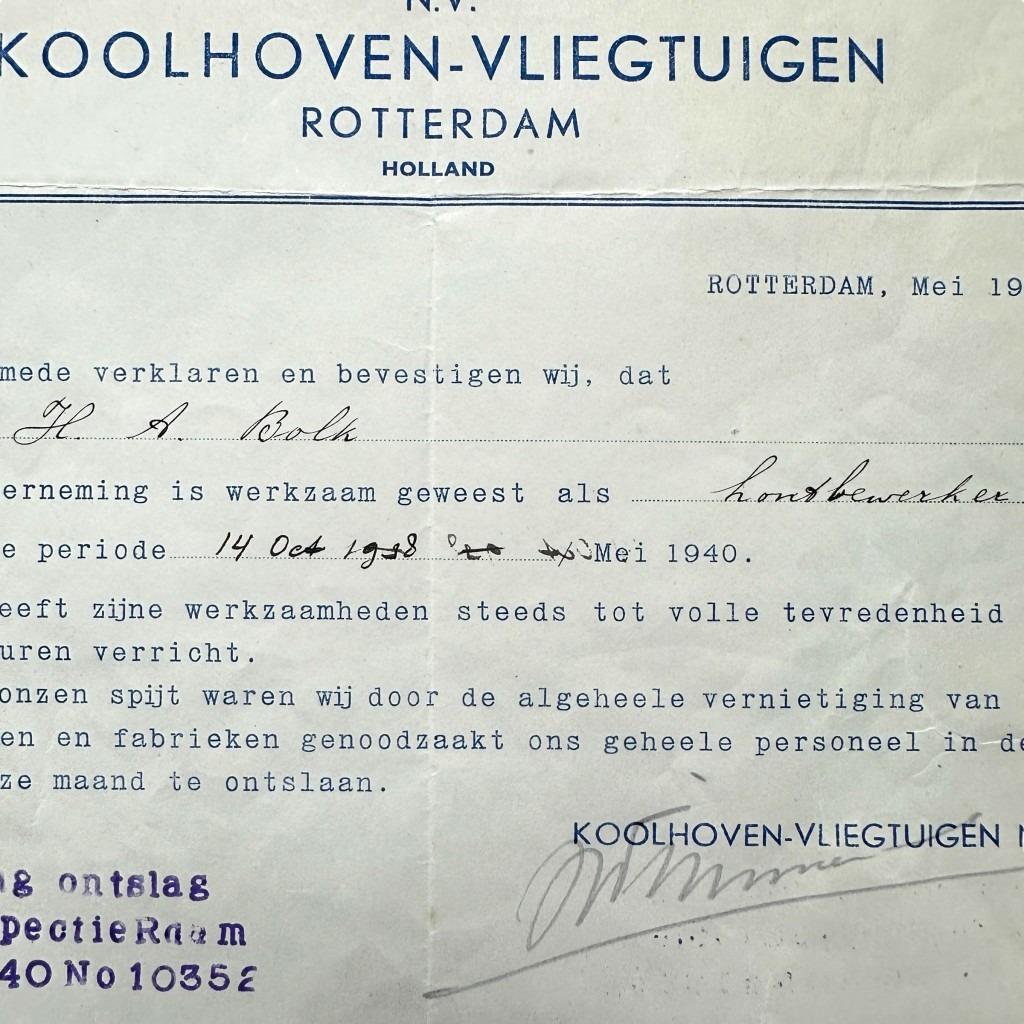 Original May 1940 Dutch document Koolhoven-Vliegtuigen Rotterdam - Image 4