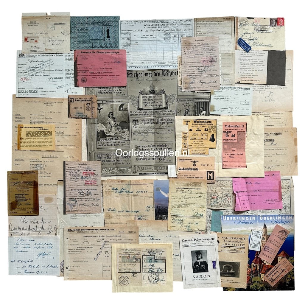 Originele Nederlandse WO2-documentenset – Delft / Freiburg Arbeitseinsatz-papieren, Ausweis, identiteitskaarten, rantsoenkaarten – Nederland Duitsland Tweede Wereldoorlog collectie