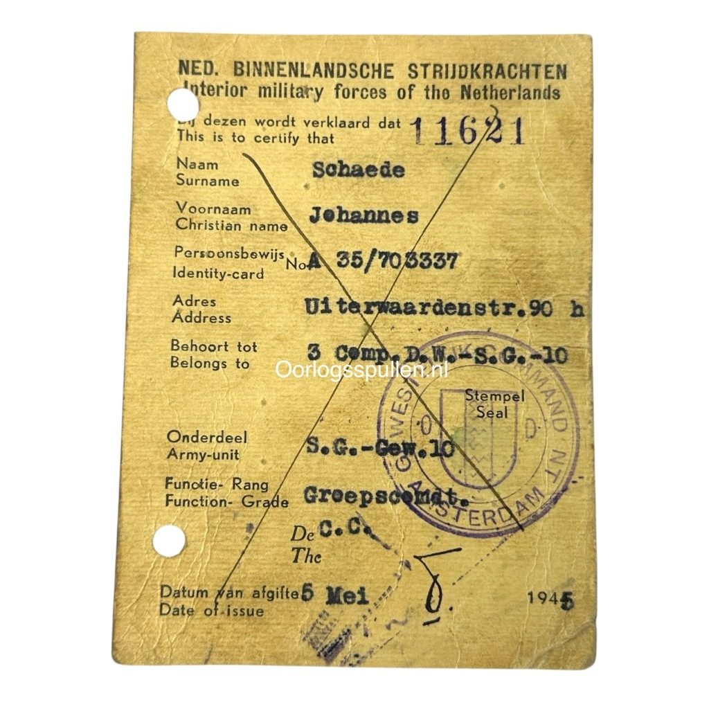 Original WWII Nederlandse Binnenlandse Strijdkrachten ID card Amsterdam