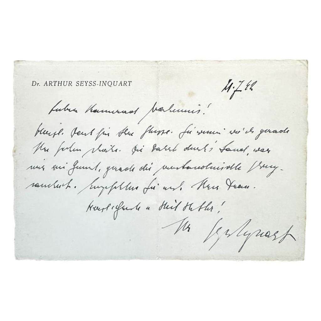 Original WWII German Dr. Arthur Seyss-Inquart handwritten letter
