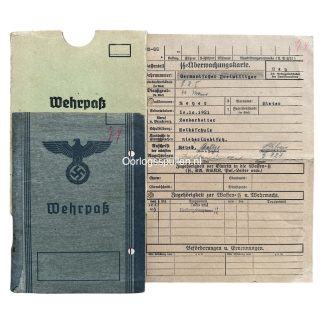 Original Dutch Waffen-SS Wehrpass with cover and attached SS-Überwachungskarte, noting service eligibility and racial screening by the SS Rasse- und Siedlungshauptamt—rare WWII-era identity and assessment documents for foreign SS volunteers.