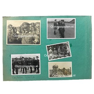 Sheet displaying five original black-and-white World War II-era photographs featuring high-ranking Nazi officials, including Hermann Göring. The photos show military inspections, group gatherings, and formal interactions, mounted on a green background. The watermark 'Oorlogsspullen.nl' is present on each photo, and the handwritten caption 'Gen. Feldm. Goering' appears at the bottom.