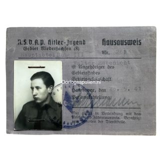 Original 1941 Hitlerjugend Hausausweis from Hannover with photo and NSDAP stamp – authentic WWII German Hitler Youth ID pass, rare collectible for Third Reich document and militaria collectors.
