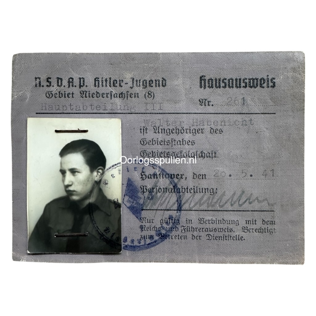 Original 1941 Hitlerjugend Hausausweis from Hannover with photo and NSDAP stamp – authentic WWII German Hitler Youth ID pass, rare collectible for Third Reich document and militaria collectors.