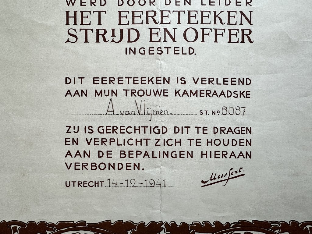 Original WWII Dutch NSB 'Strijd en Offer' certificate