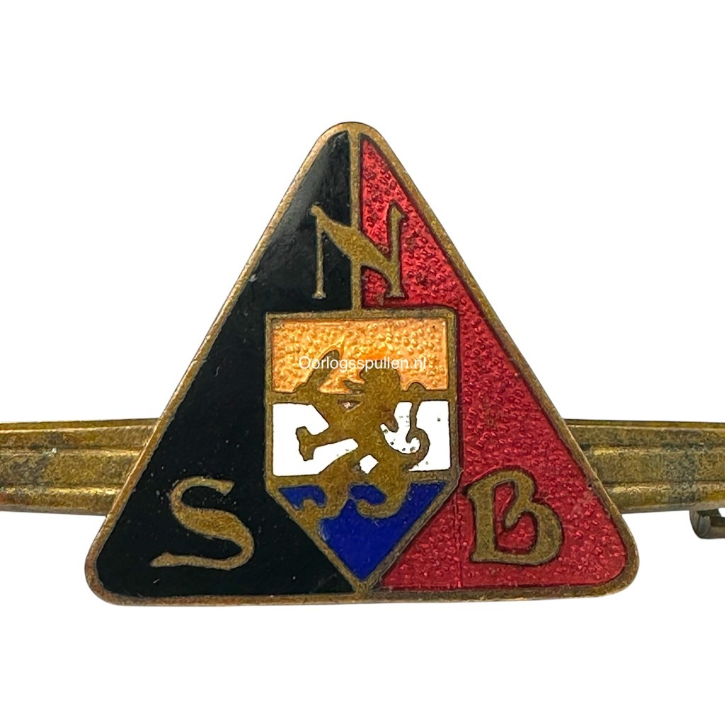 Enameled Dutch NSB (Nationaal-Socialistische Beweging) tie pin featuring the iconic triangular design in black, red, and blue, with gold NSB lettering and lion shield emblem; a rare World War II-era collaborationist item sought after by militaria collectors for its historical significance and condition.