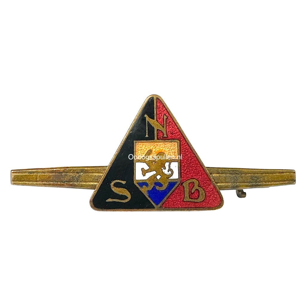 Enameled Dutch NSB (Nationaal-Socialistische Beweging) tie pin featuring the iconic triangular design in black, red, and blue, with gold NSB lettering and lion shield emblem; a rare World War II-era collaborationist item sought after by militaria collectors for its historical significance and condition.