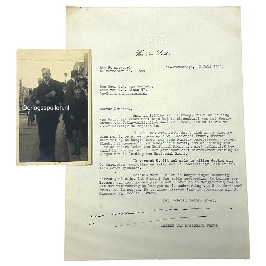 Original WWII Dutch Nationaal Front letter and photo Arnold Meijer