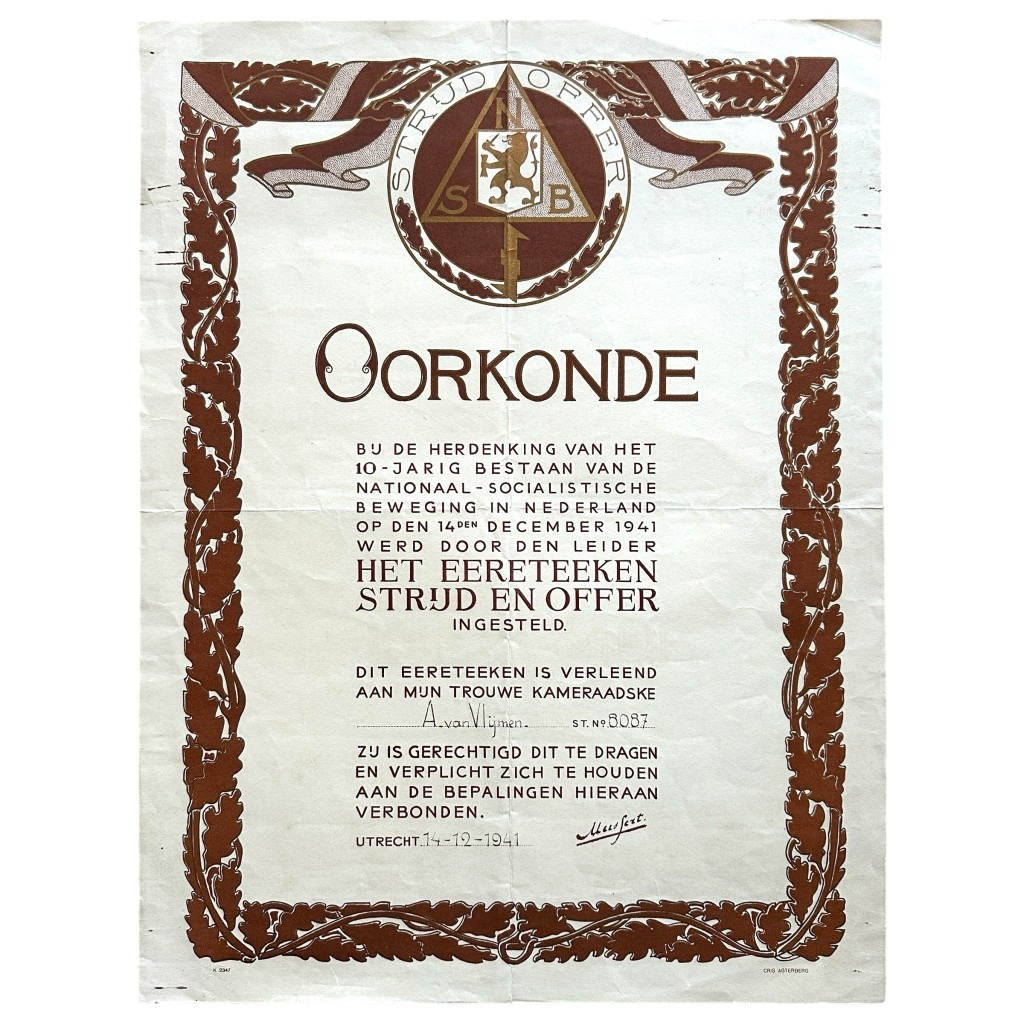 Original WWII Dutch NSB 'Strijd en Offer' certificate
