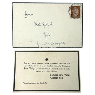 Original WWII German 1. SS-Panzer-Division Leibstandarte-SS Adolf Hitler death card in envelope