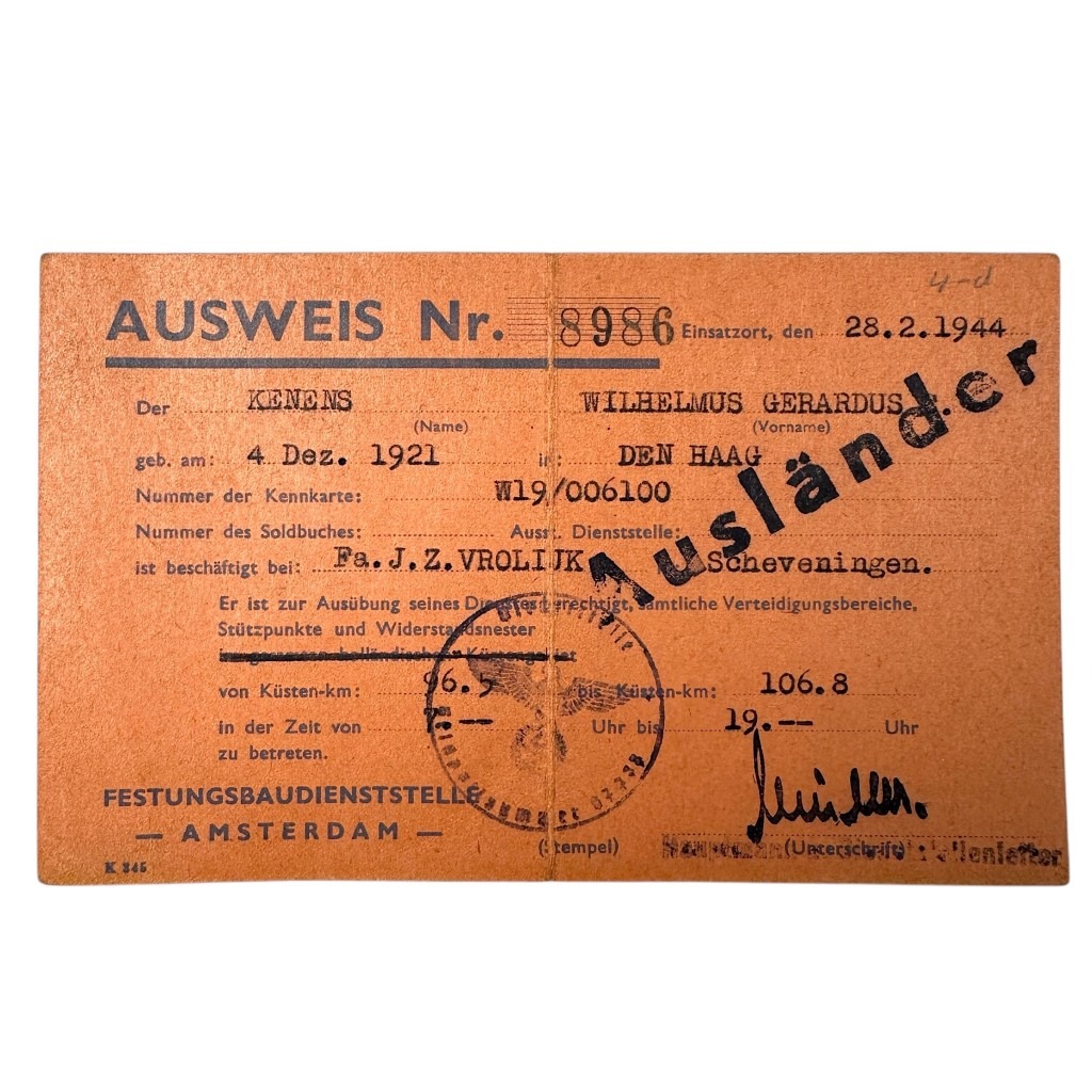 Original WWII German Festungsbaudienststelle Ausweis Scheveningen