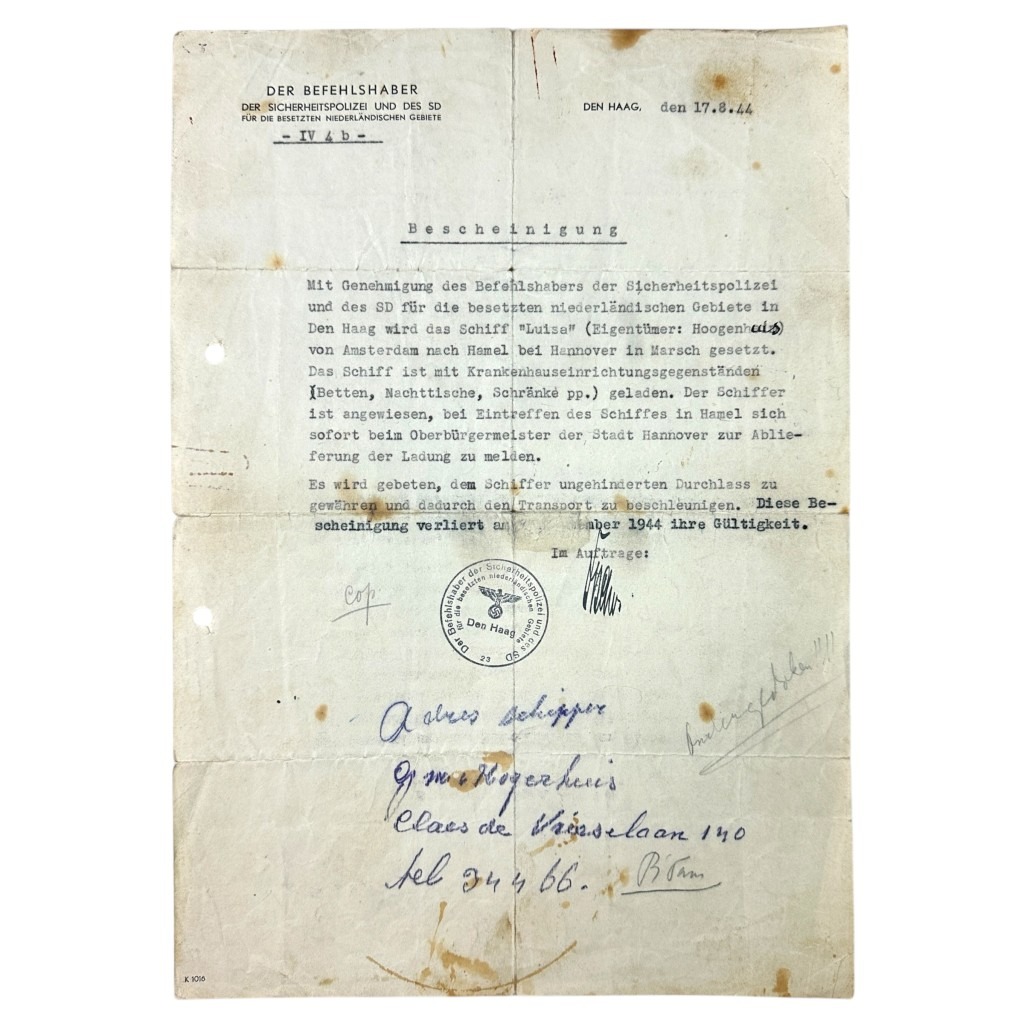 Original WWII German SD (Sicherheitsdienst) Bescheinigung Den Haag